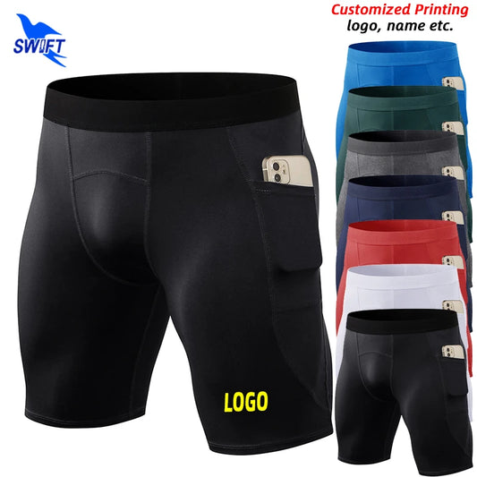 2022 Summer Men Quick Dry Elastic Running Tights with Pocket Sports Short Leggings Gym Fitness Shorts Male Underwear Customized