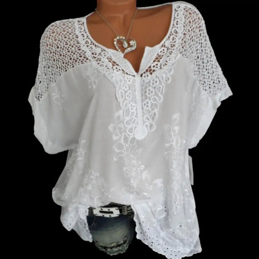 2021 Summer Short Sleeve Womens Blouses And Tops Loose White Lace Patchwork Shirt Big Size 4xl 5xl 6XLWomen Tops Casual Clothes