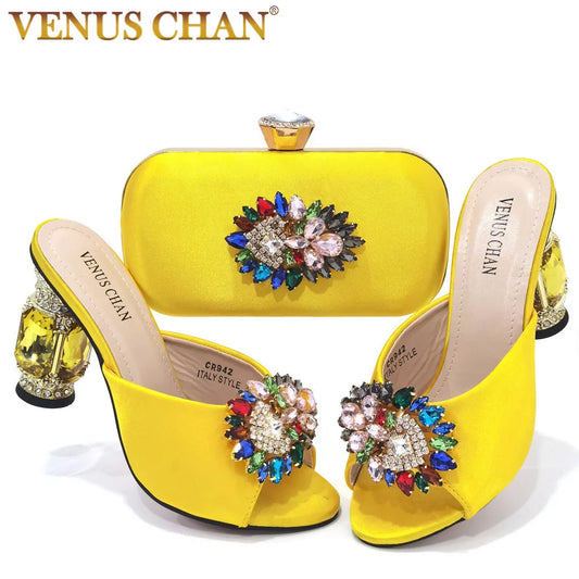 2022 Yellow Color Luxury Rhinestone Heel Fashion Party Women's High Heels Elegant Evening Sandals Wedding Bags and Shoes with