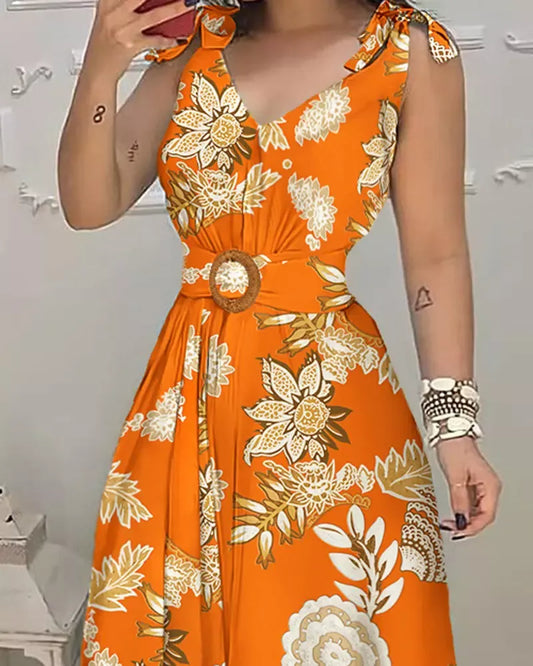 2022 Summer Woman Casual Chic V-Neck Floral Print Tied Detail Belted Design Sleeveless Maxi Vacation Dress