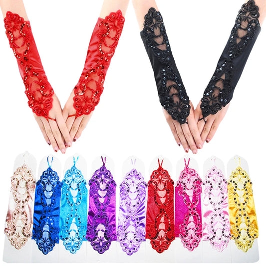 1pc Bridal Sequin Lace Gloves Accessories Embroidered Fingerless Long Multicolor Fashion Women Satin Wedding Female Party Gloves